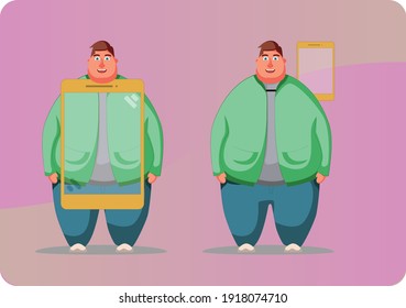 Happy fat man in a green sweater, with a phone