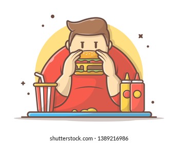 Happy Fat Man Holding and Eating Hamburger with Sauce, Mustard and Soda Vector Icon Illustration. Flat Cartoon Style Suitable for Web Landing Page, Banner, Flyer, Sticker, Wallpaper, Card, Background