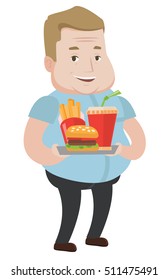 Happy fat man holding tray with fast food. Caucasian fat man having a lunch in a fast food restaurant. Cheerful fat man eating fast food. Vector flat design illustration isolated on white background.