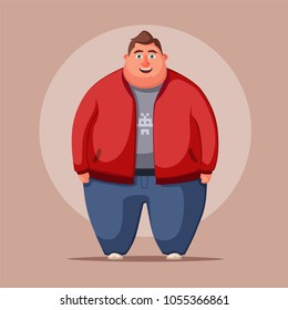Happy fat man. Obese character. Fatboy. Cartoon vector illustration. Concept of weight. Funny cartoon character