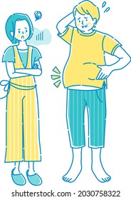 Happy fat man and troubled face woman