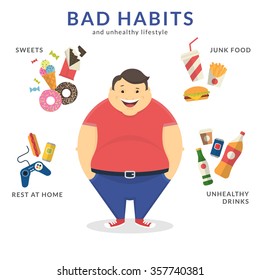 Happy fat man with unhealthy lifestyle symbols around him such as junk food, sweets, video game and unhealthy drinks. Flat concept illustration of bad habits isolated on white