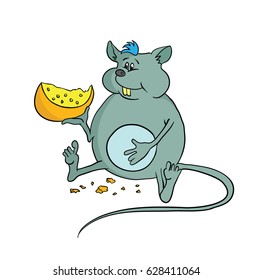 Happy fat mouse holding a piece of cheese, vector illustration.
