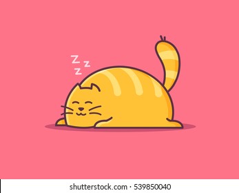 Happy fat orange cat sleeping and dreaming vector cartoon illustration