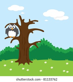 Happy fat owl sitting in a tree in wilderness vector background