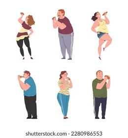 Happy Fat People Character Eating Fast Food Vector Set
