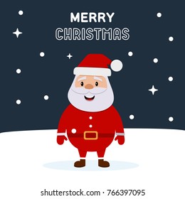 Happy Fat Santa Claus on a Night Background. Flat Style Design. Vector Illustration. Merry Christmas Greeting Card