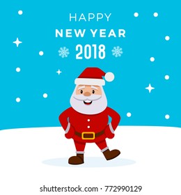 Happy Fat Santa Claus on a Night Background. Flat Style Design. Vector Illustration. Happy New Year Greeting Card