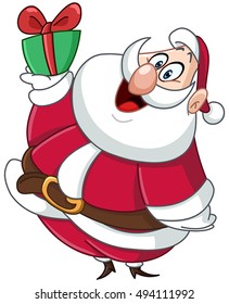 Happy fat Santa clause carrying a small Christmas gift box
