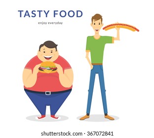 Happy fat and thin men eating a big hamburger and hot dog. Flat concept illustration of junk food isolated on white background