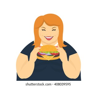 Happy fat woman eating a big tasty hamburger. Flat concept illustration of bad habits and people eating burgers and junk food isolated on white background