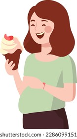 Happy fat woman holding a delicious ice cream, vector image isolate on white background. Relaxing woman eating an ice cream.