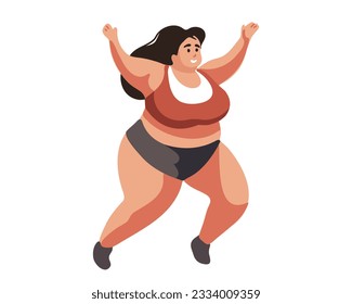 Happy fat woman jumping, vector illustration
