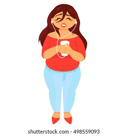 Happy fat woman listening music on mobile phone. Vector illustration