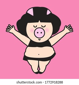 Happy Fat Woman With Pig Face Hands Up To Sky Concept Card Character illustration.