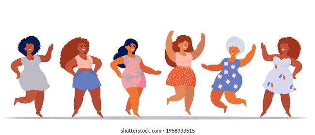 Happy fat women dance. A plus-size female with excess weight. Vector illustration. All bodies are beautiful Body positive. Girls in summer dresses relax.