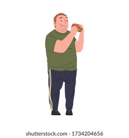 Happy Fat Young Man Eating Burger, Obese Person in Casual Clothes Enjoying of Fast Food Dish, Unhealthy Diet and Lifestyle Vector Illustration