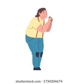 Happy Fat Young Man Eating Burger, Cheerful Obese Person Enjoying of Fast Food Dish, Unhealthy Diet and Lifestyle, Body Positive Concept Vector Illustration