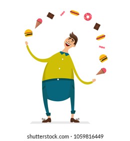 Happy Fat Young Man Funny Cartoon Character With Junk Food Hamburger Ice Cream Chocolate Candy Donut. Bad Habits Unhealthy Lifestyle Obesity Vector Illustration Flat Style