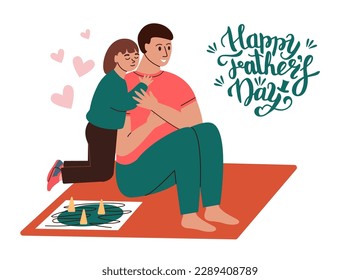 Happy Fater's Day, gorgeous lettering written with elegant calligraphic font. Daughter hugs father greeting card.