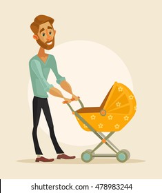 Happy father with baby. Vector flat cartoon illustration