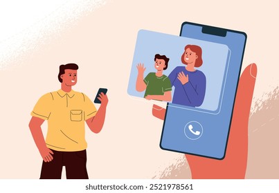 A happy father calls his family via video link. Communication of relatives online.