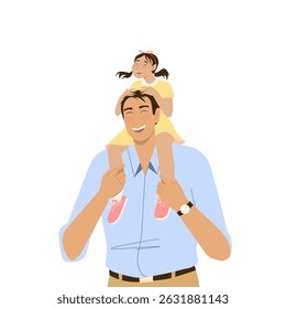 A happy father carries his smiling daughter on his back.