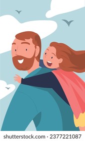 Happy Father Carry His Daughter on Back Walking and Spend Time Together Vector Illustration