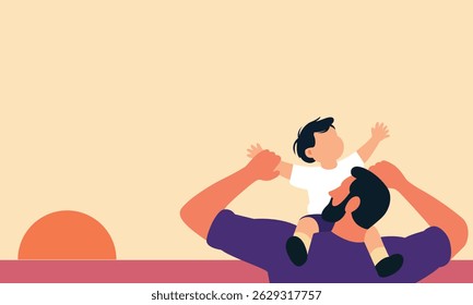 Happy father carrying his smiling child on his shoulders at sunset. Flat vector illustration in colorful silhouette style, perfect for Father's Day, family, and parenting themes.

