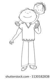 Happy father carrying little child, his son, on his shoulders. Cute boy is smiling. Original hand drawn illustration.
