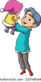 The happy father is carrying the happy and make the baby happy of illustration