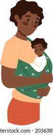 Happy father carrying newborn. Baby in sling. Family, lifestyle concept. Hand drawn vector illustration. Dad holding child. Fatherhood, father's day, happy childhood