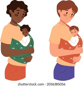 Happy father carrying newborn. Baby in sling. Family, lifestyle concept. Hand drawn vector illustration. Dad holding child. Fatherhood, father's day, happy childhood set