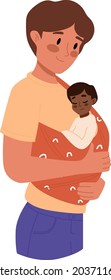 Happy father carrying newborn. Baby in sling. Family, lifestyle concept. Hand drawn vector illustration. Dad holding child. Fatherhood, father's day, happy childhood