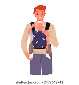 Happy father carrying newborn baby in kangaroo sling. Cute front portrait of young dad holding waving little kid in carrier, child feeling love and protection from man cartoon vector illustration