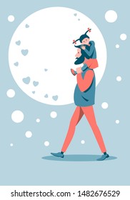 Happy father carrying a small child, his daughter, on his shoulders. Cute girl hugs dad. Parental love, happy baby. Vector illustration.