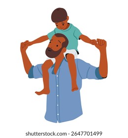 Happy father carrying son on shoulders spending funny time together enjoying leisure interaction isolated on white background. Fatherhood inspiration and playful childhood vector illustration