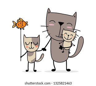 Happy father cat with his son and daughter. Family cartoon flat vector animal illustration card