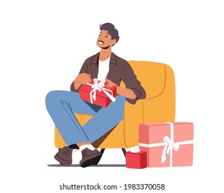 Happy Father Character Sitting on Armchair with Gift Box in Hands. Family Event Celebration, Dad Birthday, Fathers Day Holiday, Christmas, Sweet Life Moments Concept. Cartoon Vector Illustration