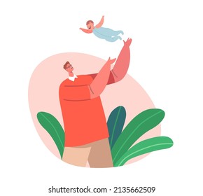 Happy Father Character Tossing Up In The Air Little Baby Daughter Or Son. Dad Playing With Child, Family Fun, Weekend Leisure, Game, Parenthood Or Childhood Concept. Cartoon People Vector Illustration