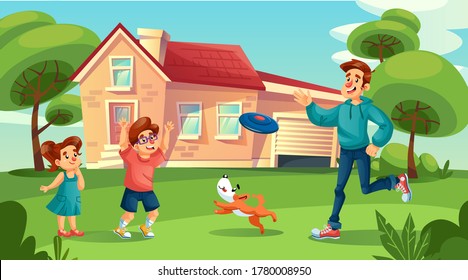 Happy father cheerful children dog pet play flying disk in countryside house yard. Summer leisure family outdoor spending. Morning weekend healthy active pastime together. Childhood, parenting