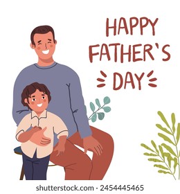 Happy father and child having fun, posing for photos, waving, greeting. Flat illustration hand drawing on white background. Happy father's day postcard.