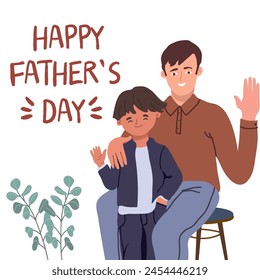 Happy father and child having fun, posing for photos, waving, greeting. Flat illustration hand drawing on white background. Happy father's day postcard.