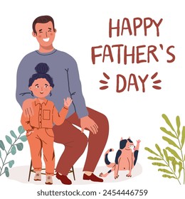 Happy father and child having fun, posing for photos, waving, greeting. Flat illustration hand drawing on white background. Happy father's day postcard.