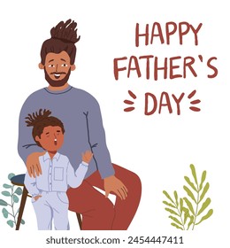 Happy father and child having fun, posing for photos, waving, greeting. Flat illustration hand drawing on white background. Happy father's day postcard.