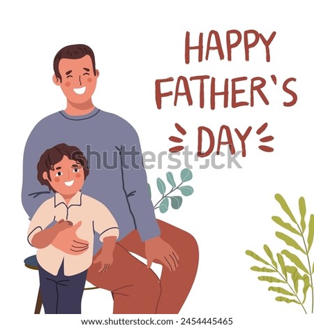 Happy father and child having fun, posing for photos, waving, greeting. Flat illustration hand drawing on white background. Happy father's day postcard.
