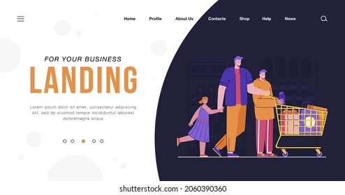 Happy father with children buying products in supermarket flat vector illustration. Cartoon dad and kids shopping in grocery store, wheeling cart along aisles. Consumerism and retail concept