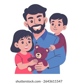 Happy father with children and teddy bear. Flat vector cartoon of smiling dad hugging son and daughter. Cute family portrait on white background
