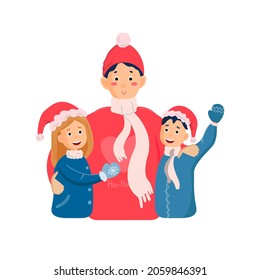 A happy father with children in winter clothes. Father, son and daughter enjoy the winter. Vector Christmas illustration in cartoon style, isolated on a white background