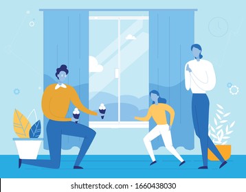 Happy Father Coming Home With Fresh Cold Ice Cream Dessert. Loving Mother And Cheerful Child Meeting Parent Returned From Work. Home Room Interior. Family Members. Vector Flat Illustration